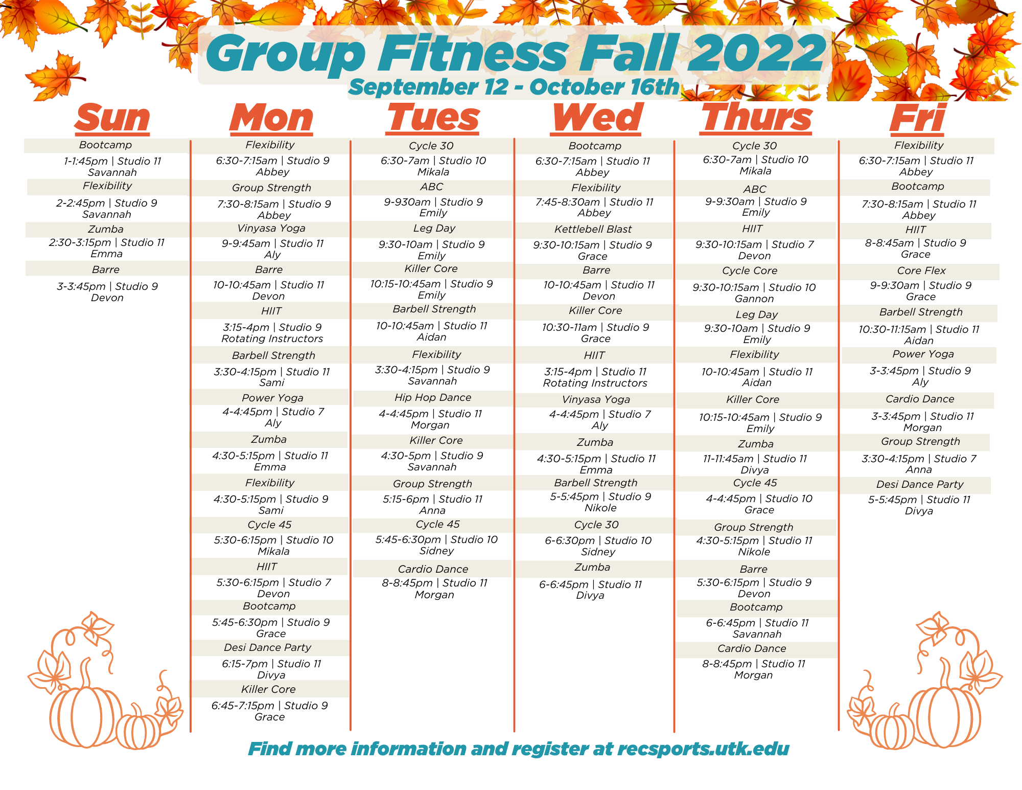 Group Fitness Schedule Fall 2022