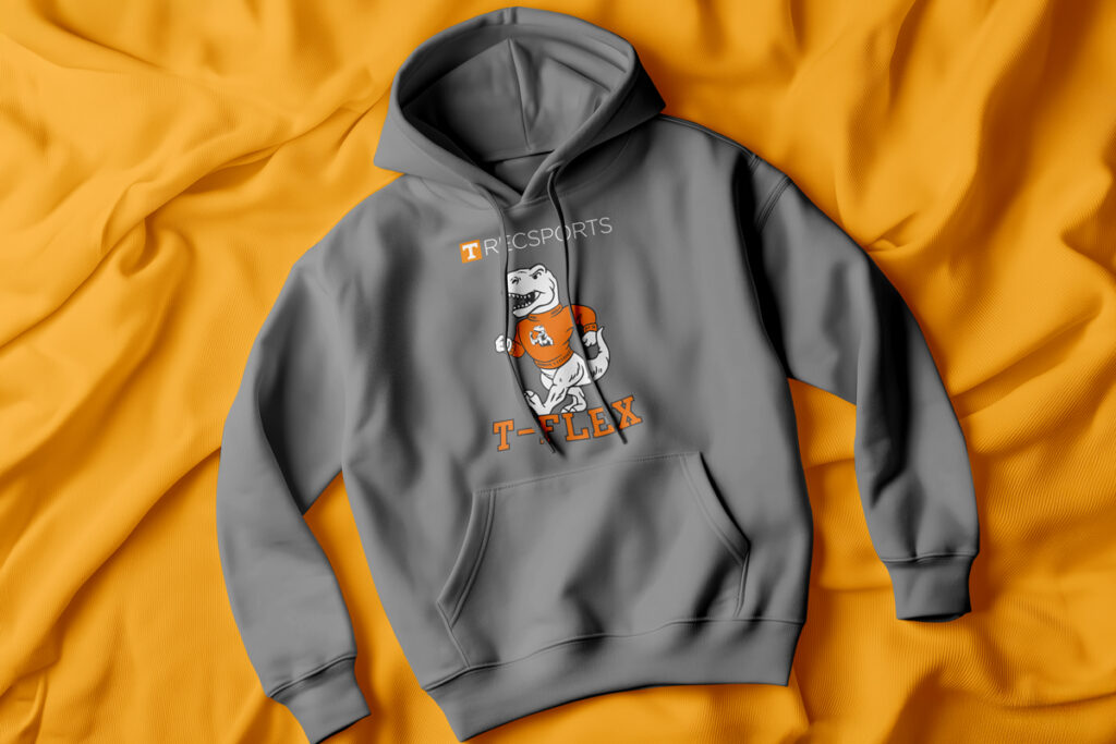 gray hoodie on orange background. Hoodie has RecSports logo with a T-rex on it